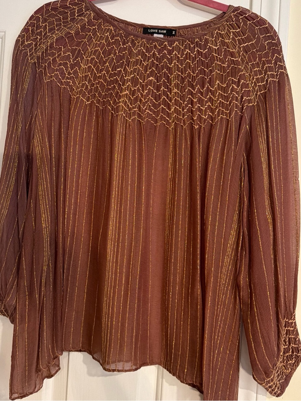 Anthropologie Love Sam Rust Brown Blouse with Gold Stripes